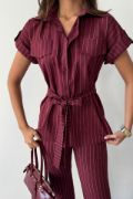 ÇİZGİLİ POLYVİSKON BLUZ - PANTOLON TAKIM - Bordo resmi